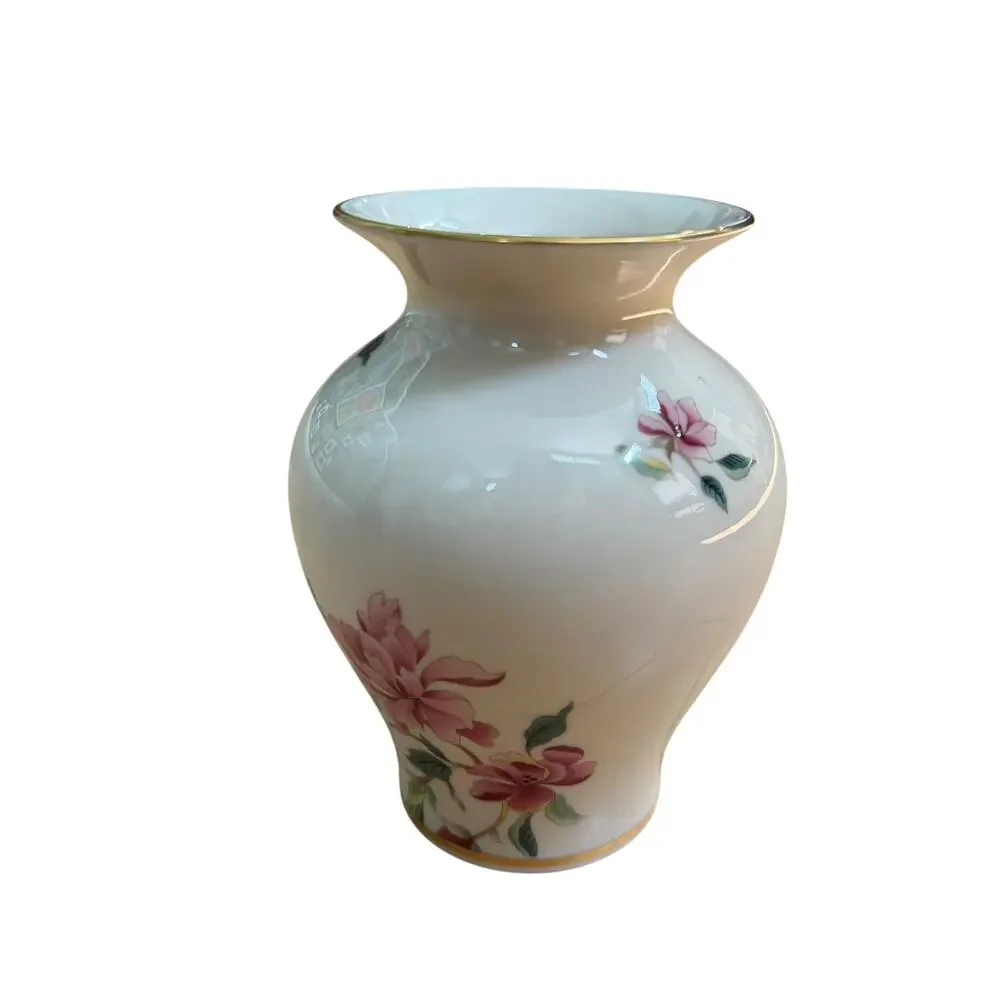 Lenox Vase Barrington Collection 1990s Floral White Pink Green Ceramic 5.75
